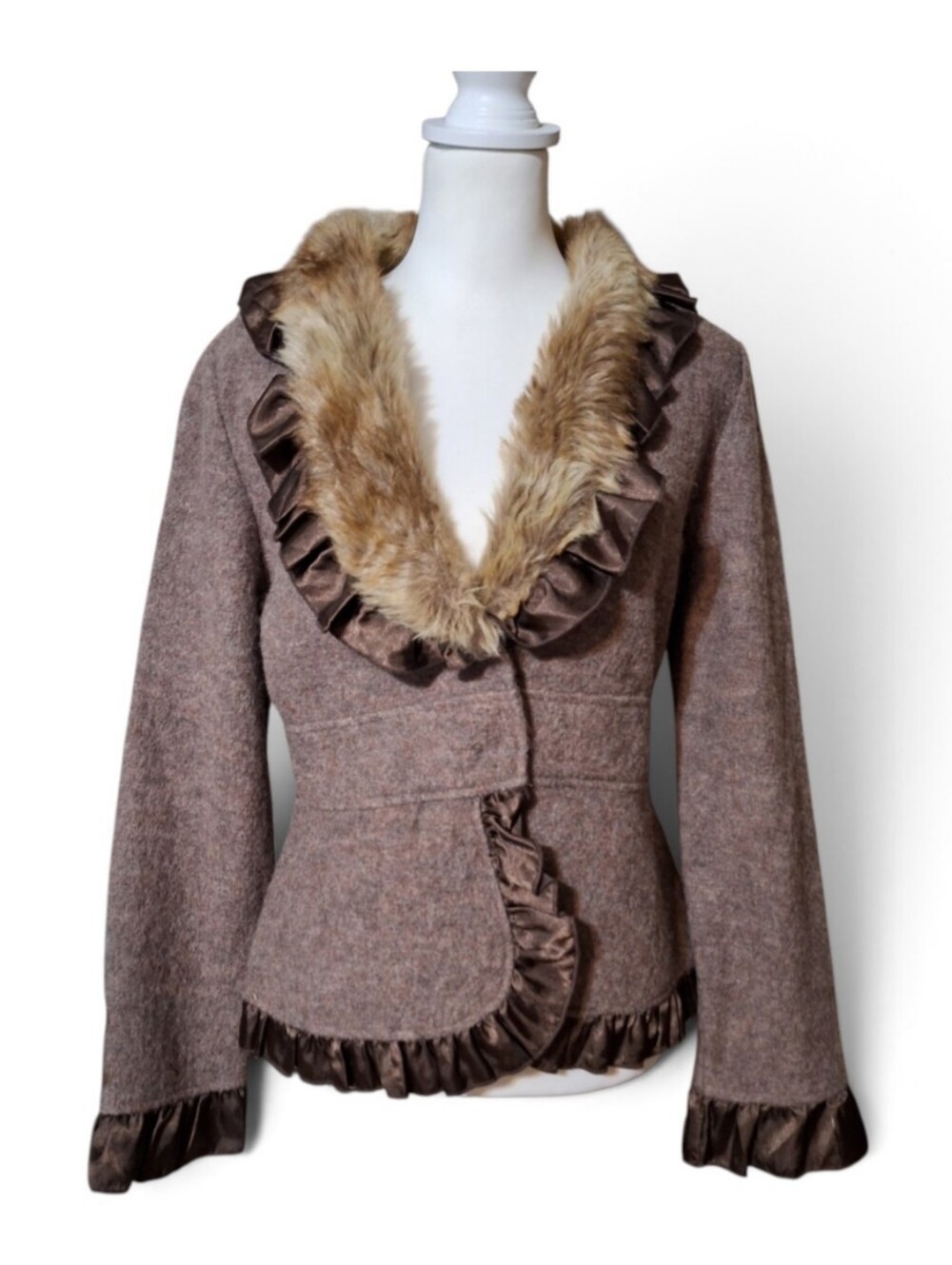 Dressbarn M Faux Fur Collar Ruffle Satin Wool Cardigan Sweater Steampunk Y2K 90s